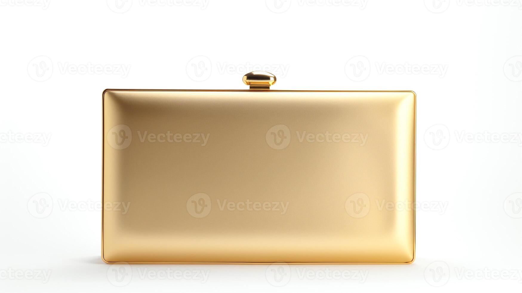 ai generiert Gold Box Kupplung Tasche isoliert auf Weiß Hintergrund mit Kopieren Raum zum Werbung. ai generiert foto