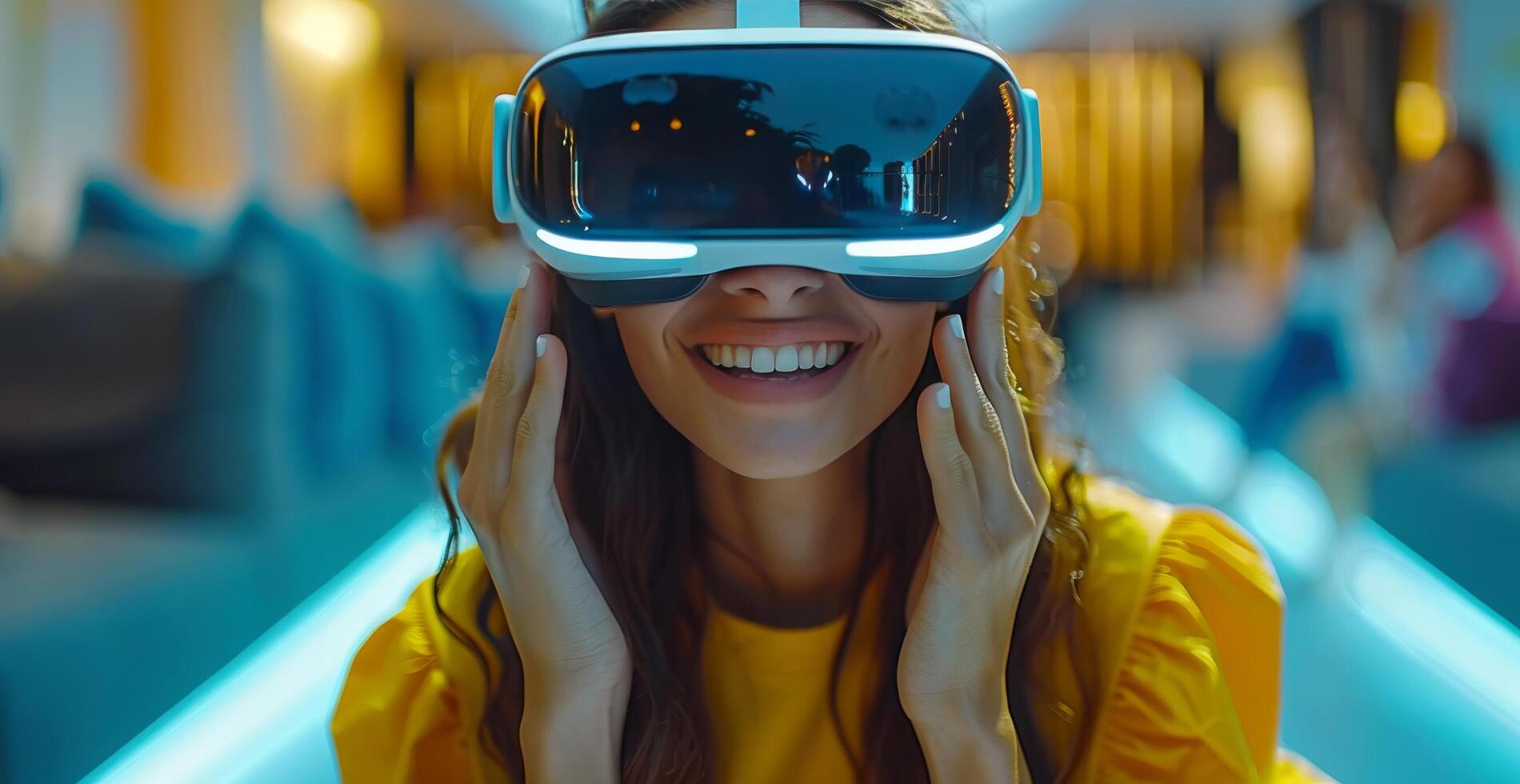 ai generiert Frau tragen virtuell Wirklichkeit Headset foto