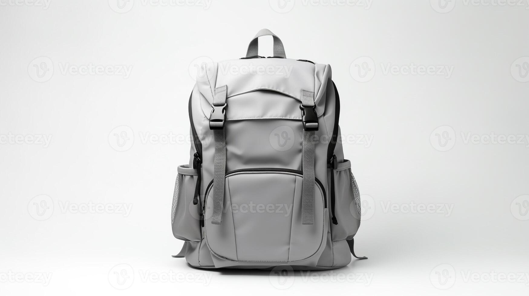 ai generiert grau Kamera Rucksack Tasche isoliert auf Weiß Hintergrund mit Kopieren Raum zum Werbung. ai generiert foto