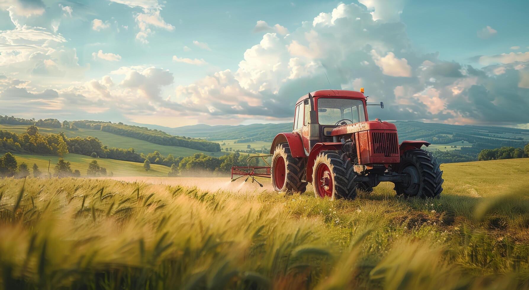 ai generiert rot Traktor Fahren durch Weizen Feld foto