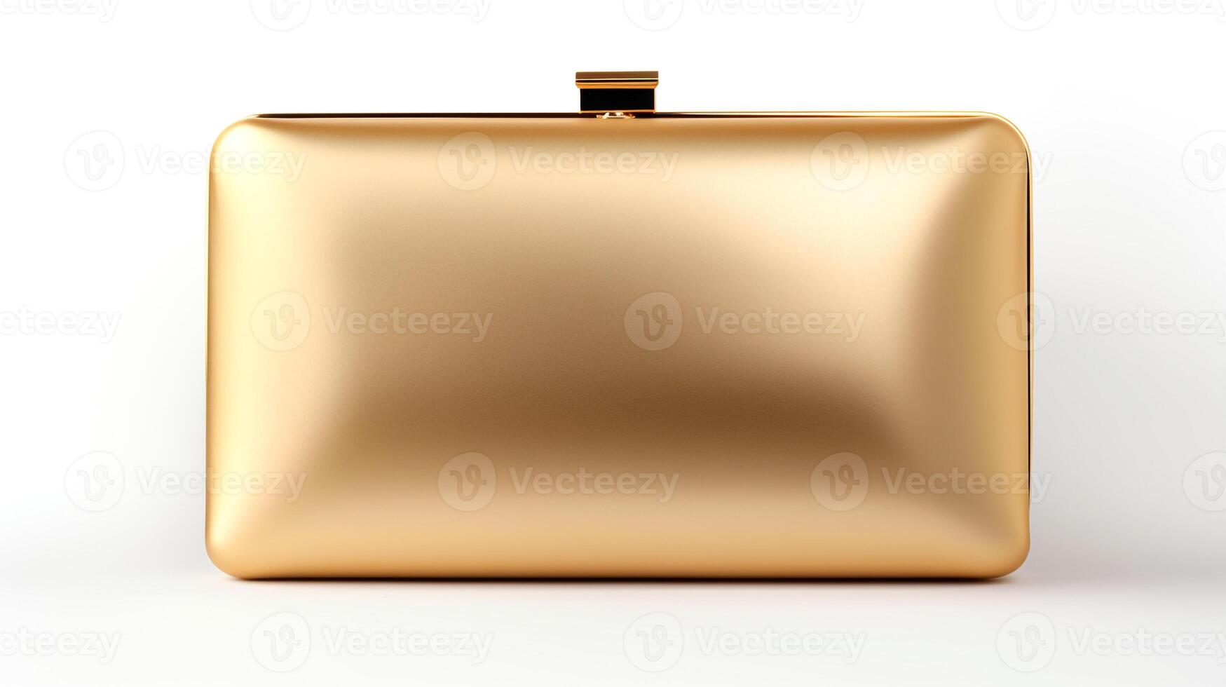 ai generiert Gold Rahmen Kupplung Tasche isoliert auf Weiß Hintergrund mit Kopieren Raum zum Werbung. ai generiert foto