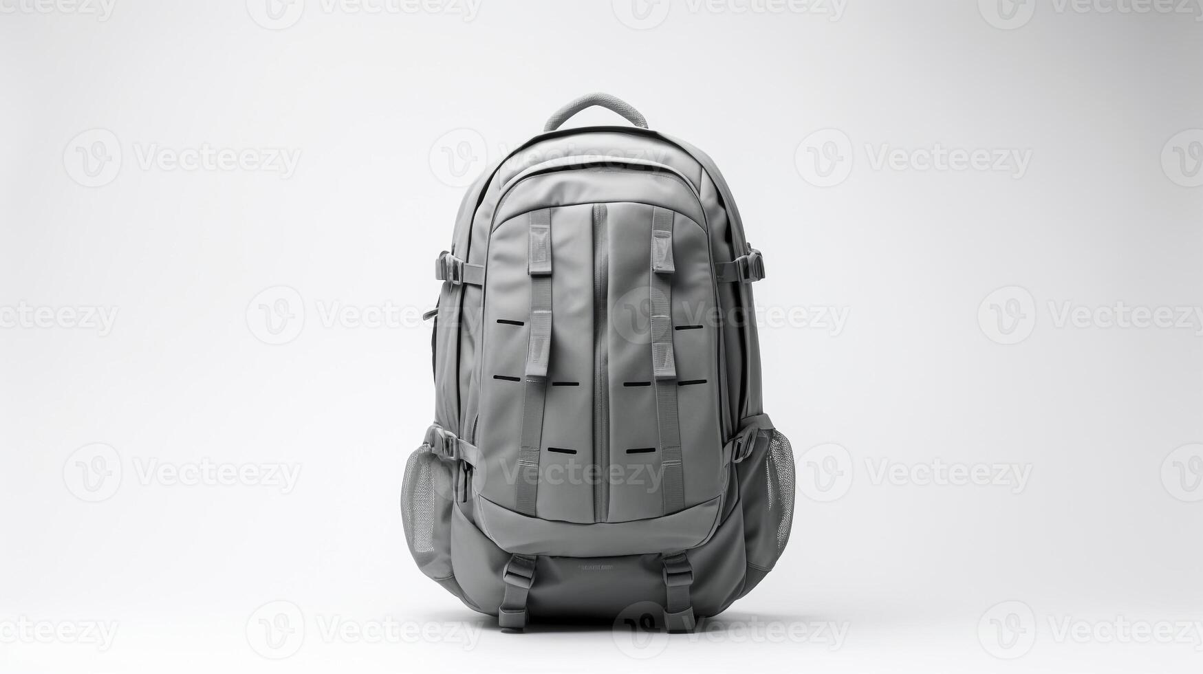 ai generiert grau taktisch Rucksack Tasche isoliert auf Weiß Hintergrund mit Kopieren Raum zum Werbung. ai generiert foto