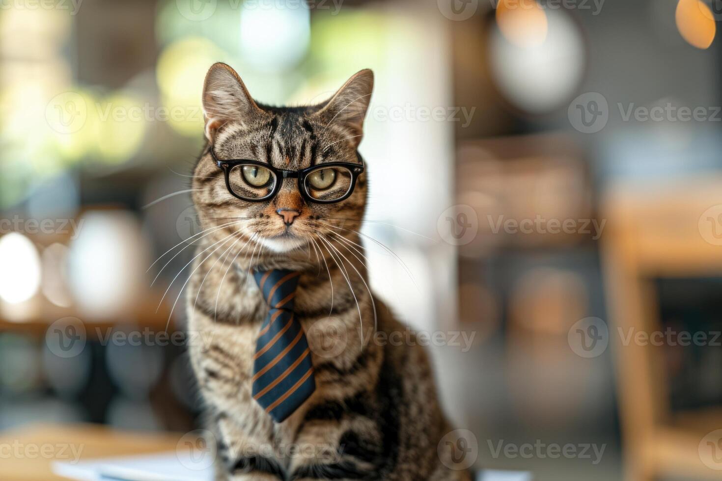 ai generiert Geschäft Katze tragen Brille und ein Krawatte gegen das Hintergrund von das Büro mit Kopieren Raum foto