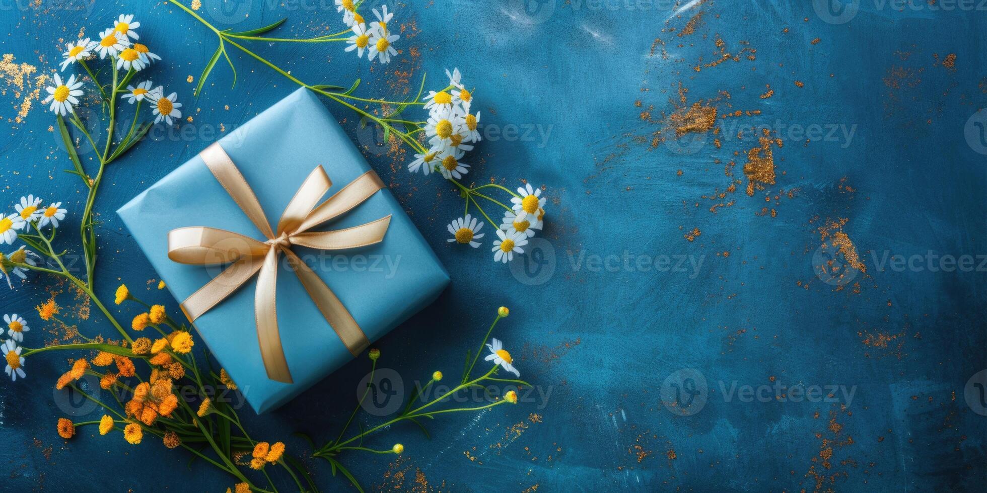 ai generiert Blau Geschenk Box auf ein Blau texturiert Hintergrund mit Blumen. romantisch Hintergrund zum Geburtstag, Hochzeit oder Damen Tag foto