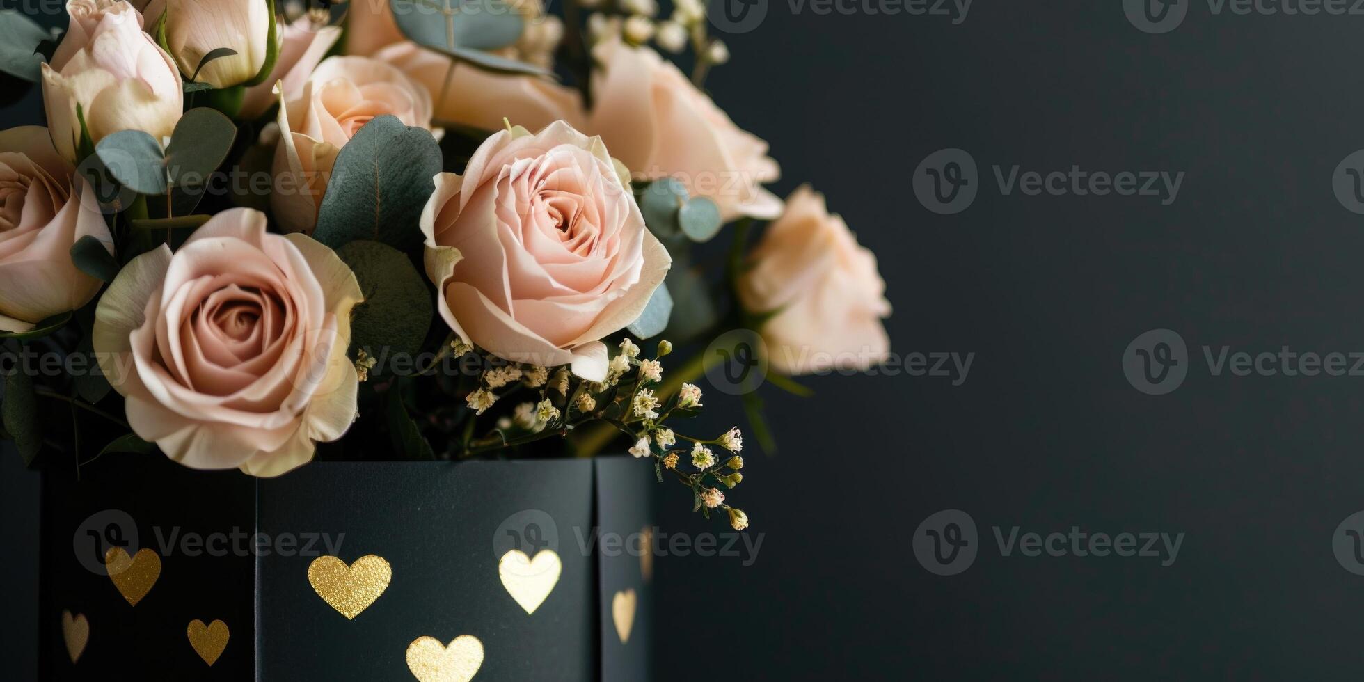 ai generiert ein Strauß von Weiß Rosen im Luxus Verpackung mit Gold Herzen auf ein dunkel Hintergrund mit Kopieren Raum. festlich Hintergrund zum Geburtstag, Hochzeit oder Damen Tag foto