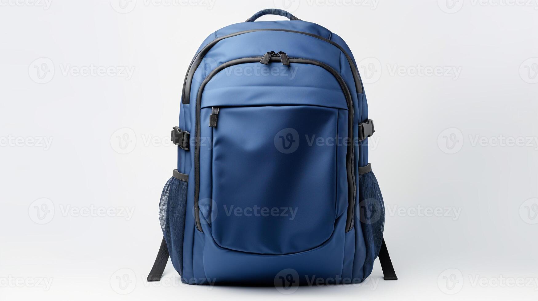 ai generiert Marine Blau Kamera Rucksack Tasche isoliert auf Weiß Hintergrund mit Kopieren Raum zum Werbung. ai generiert foto