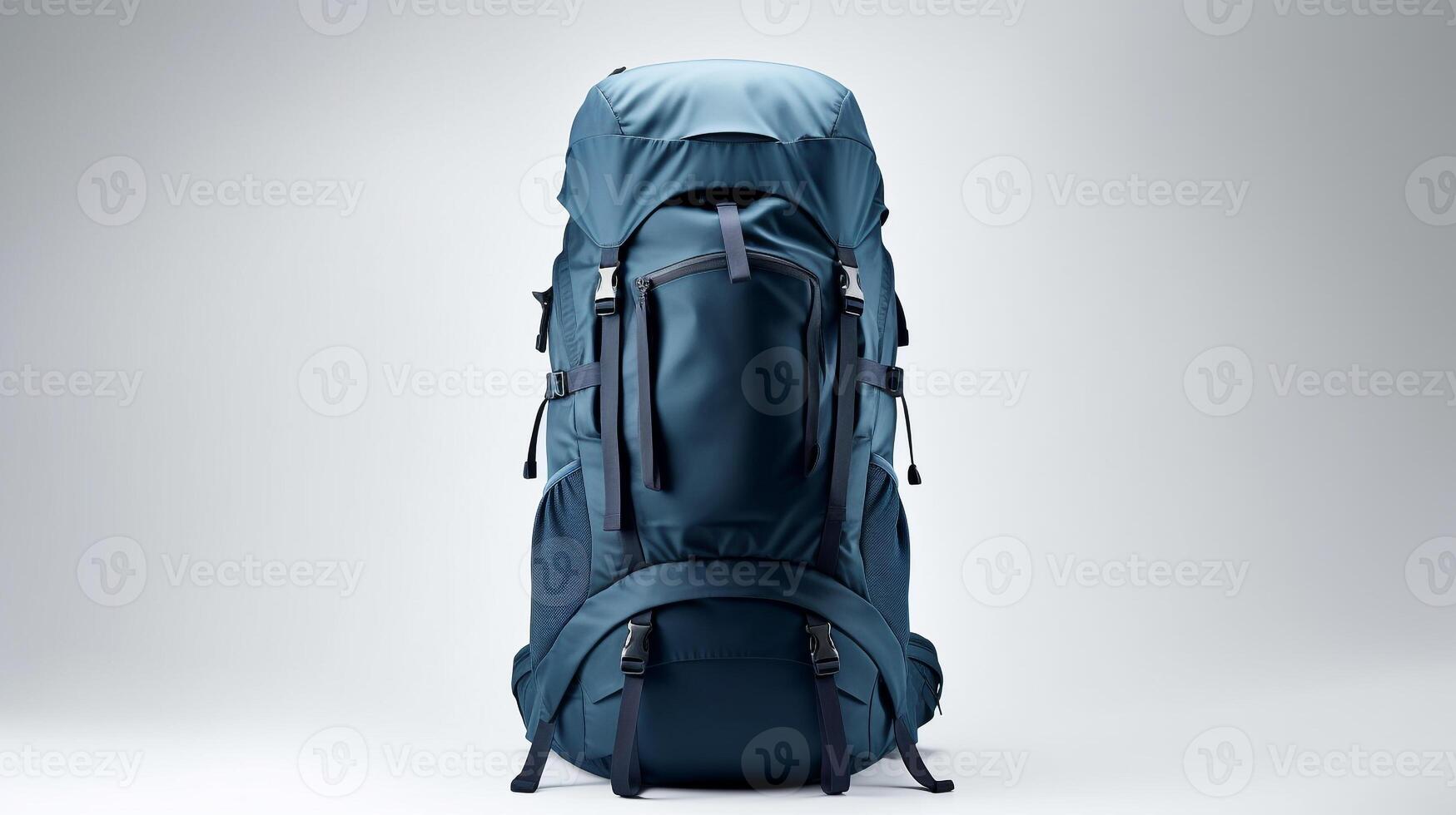 ai generiert Marine Blau Wandern Rucksack Tasche isoliert auf Weiß Hintergrund mit Kopieren Raum zum Werbung. ai generiert foto