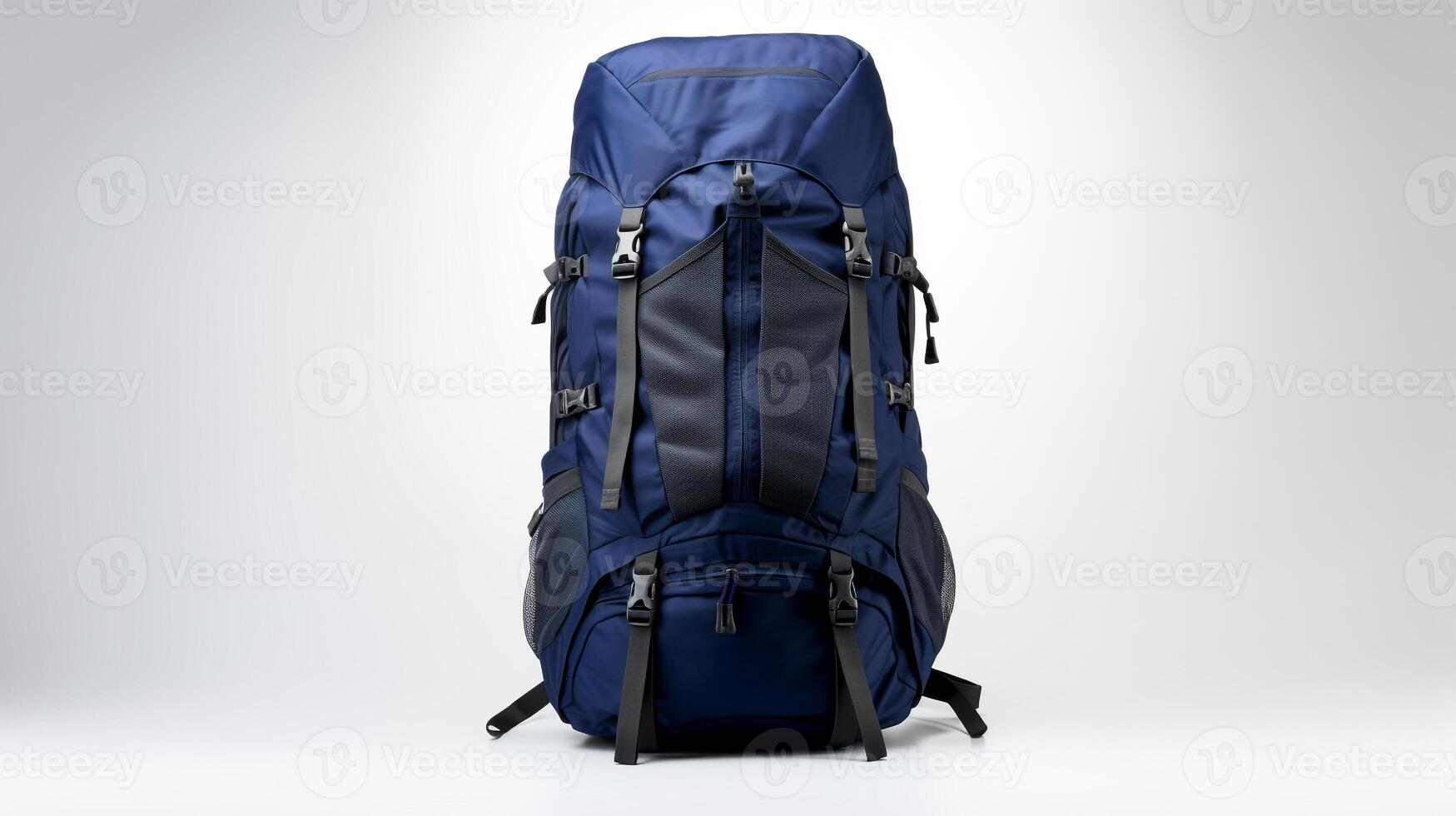 ai generiert Marine Blau Wandern Rucksack Tasche isoliert auf Weiß Hintergrund mit Kopieren Raum zum Werbung. ai generiert foto