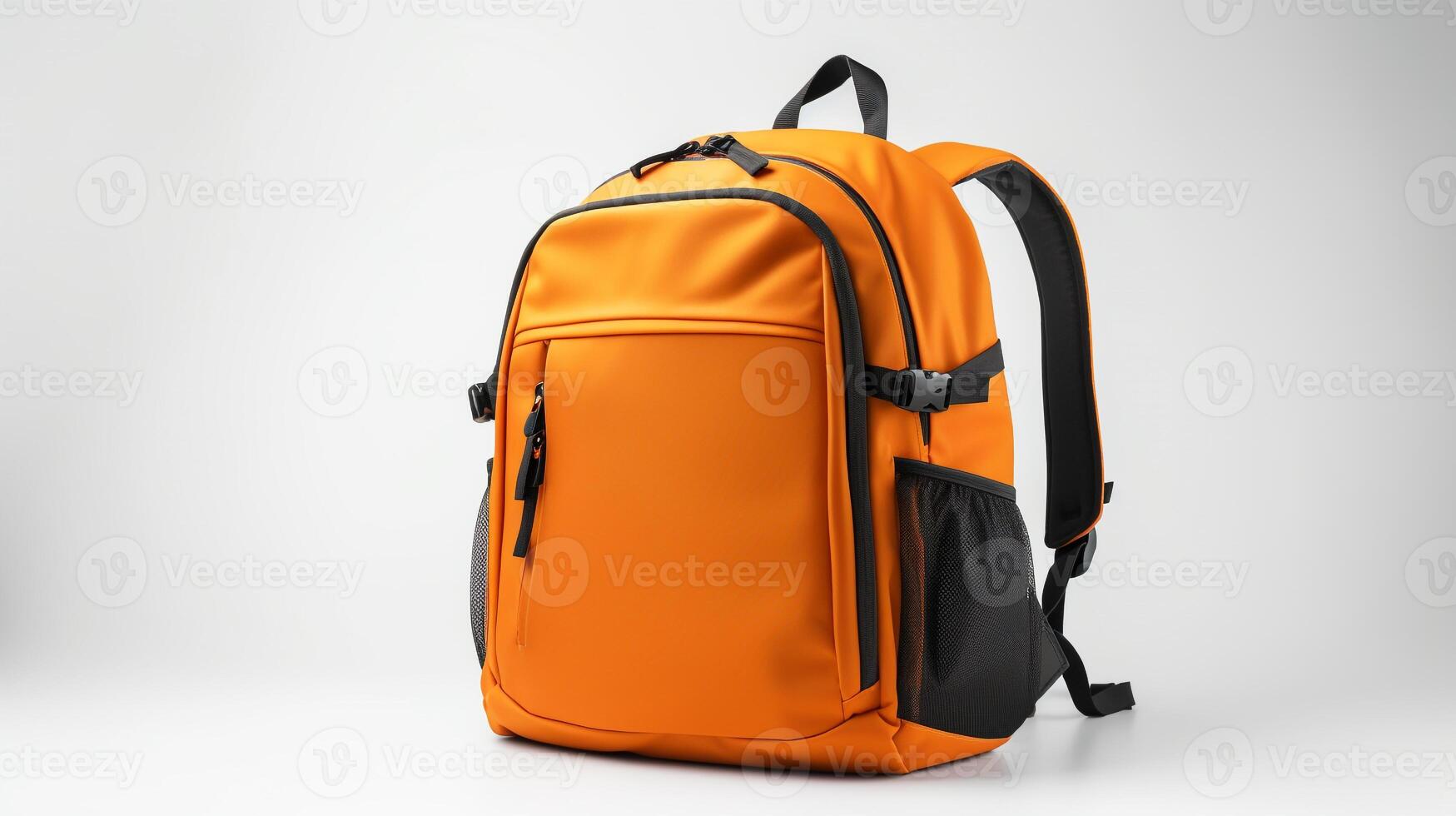 ai generiert Orange Kamera Rucksack Tasche isoliert auf Weiß Hintergrund mit Kopieren Raum zum Werbung. ai generiert foto