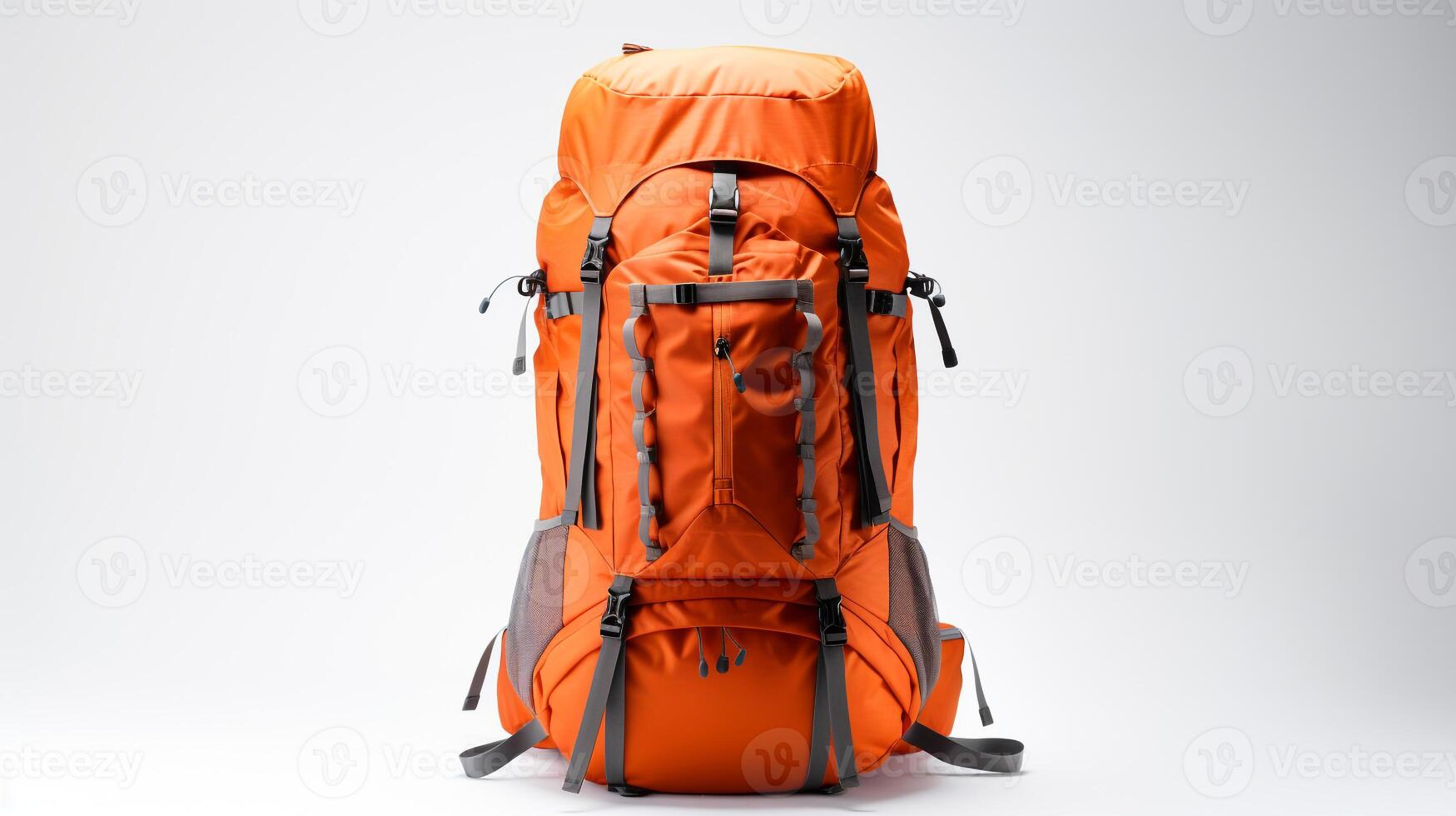 ai generiert Orange Wandern Rucksack Tasche isoliert auf Weiß Hintergrund mit Kopieren Raum zum Werbung. ai generiert foto