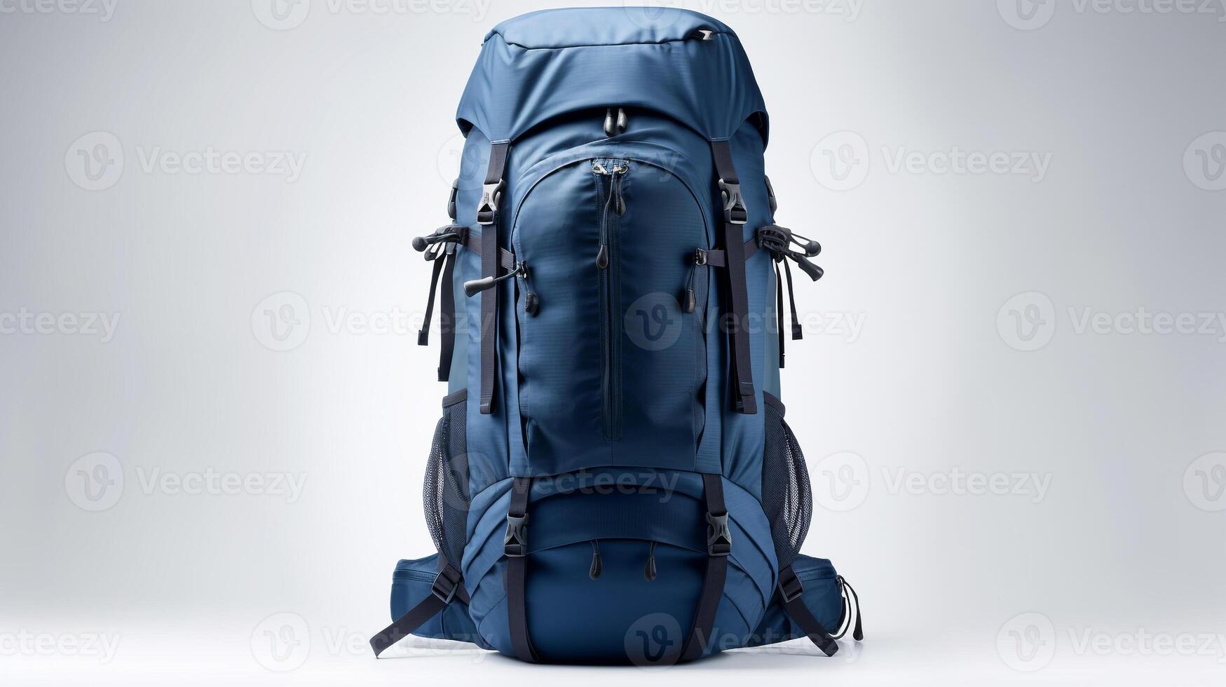 ai generiert Marine Blau Wandern Rucksack Tasche isoliert auf Weiß Hintergrund mit Kopieren Raum zum Werbung. ai generiert foto