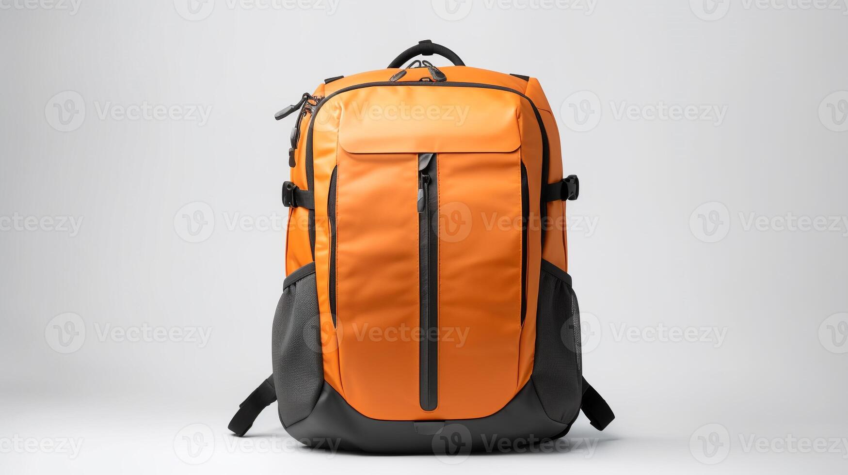 ai generiert Orange Kamera Rucksack Tasche isoliert auf Weiß Hintergrund mit Kopieren Raum zum Werbung. ai generiert foto