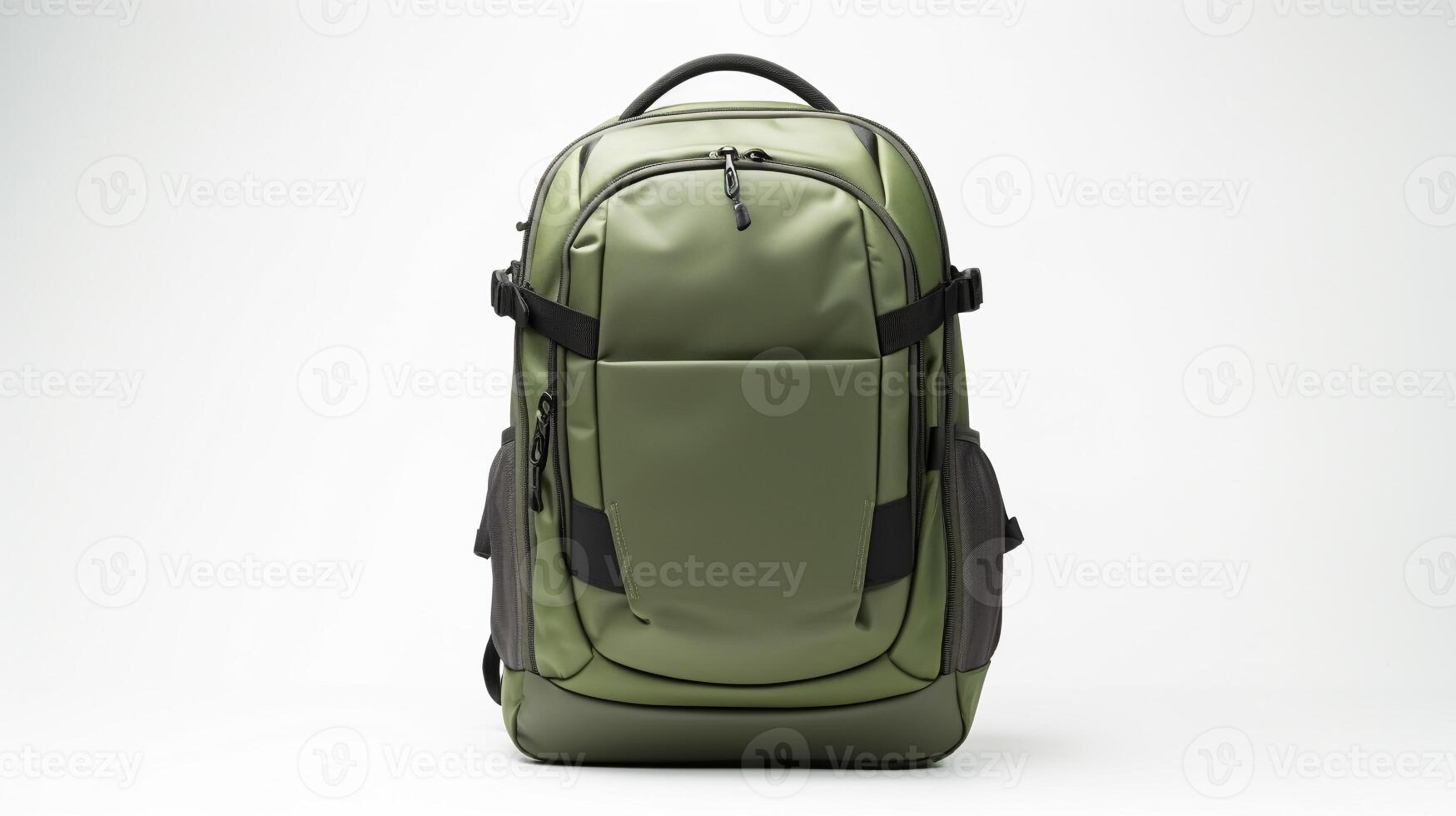 ai generiert Olive Reise Rucksack Tasche isoliert auf Weiß Hintergrund mit Kopieren Raum zum Werbung. ai generiert foto