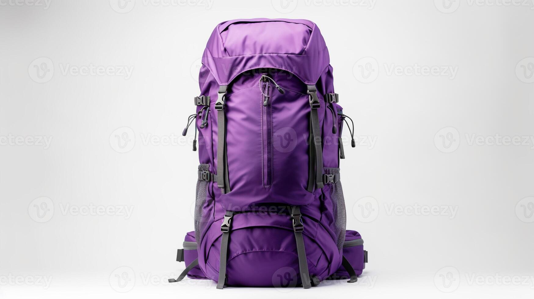 ai generiert lila Wandern Rucksack Tasche isoliert auf Weiß Hintergrund mit Kopieren Raum zum Werbung. ai generiert foto