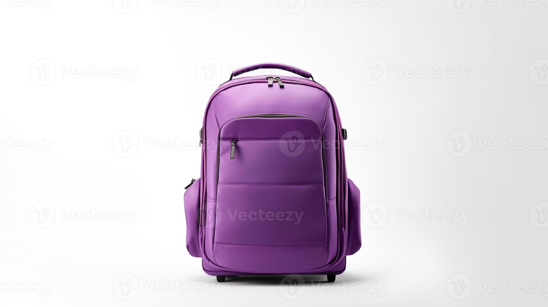 ai generiert lila rollen Rucksack Tasche isoliert auf Weiß Hintergrund mit Kopieren Raum zum Werbung. ai generiert foto