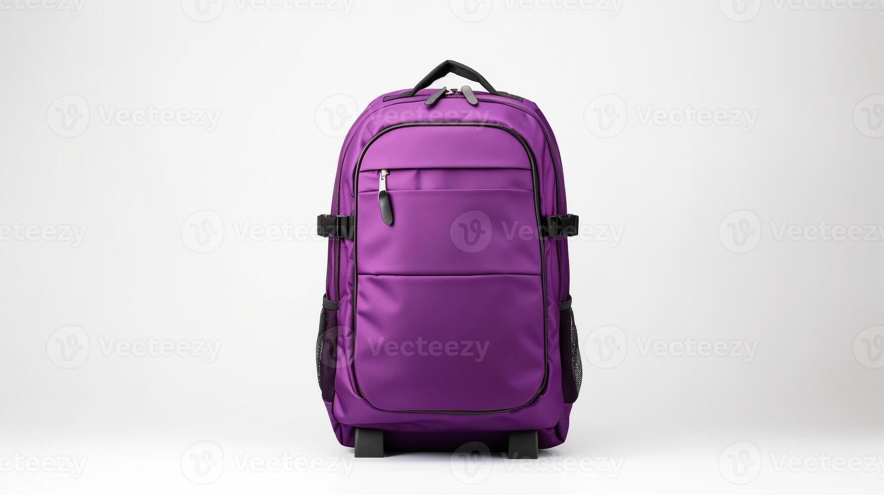 ai generiert lila rollen Rucksack Tasche isoliert auf Weiß Hintergrund mit Kopieren Raum zum Werbung. ai generiert foto