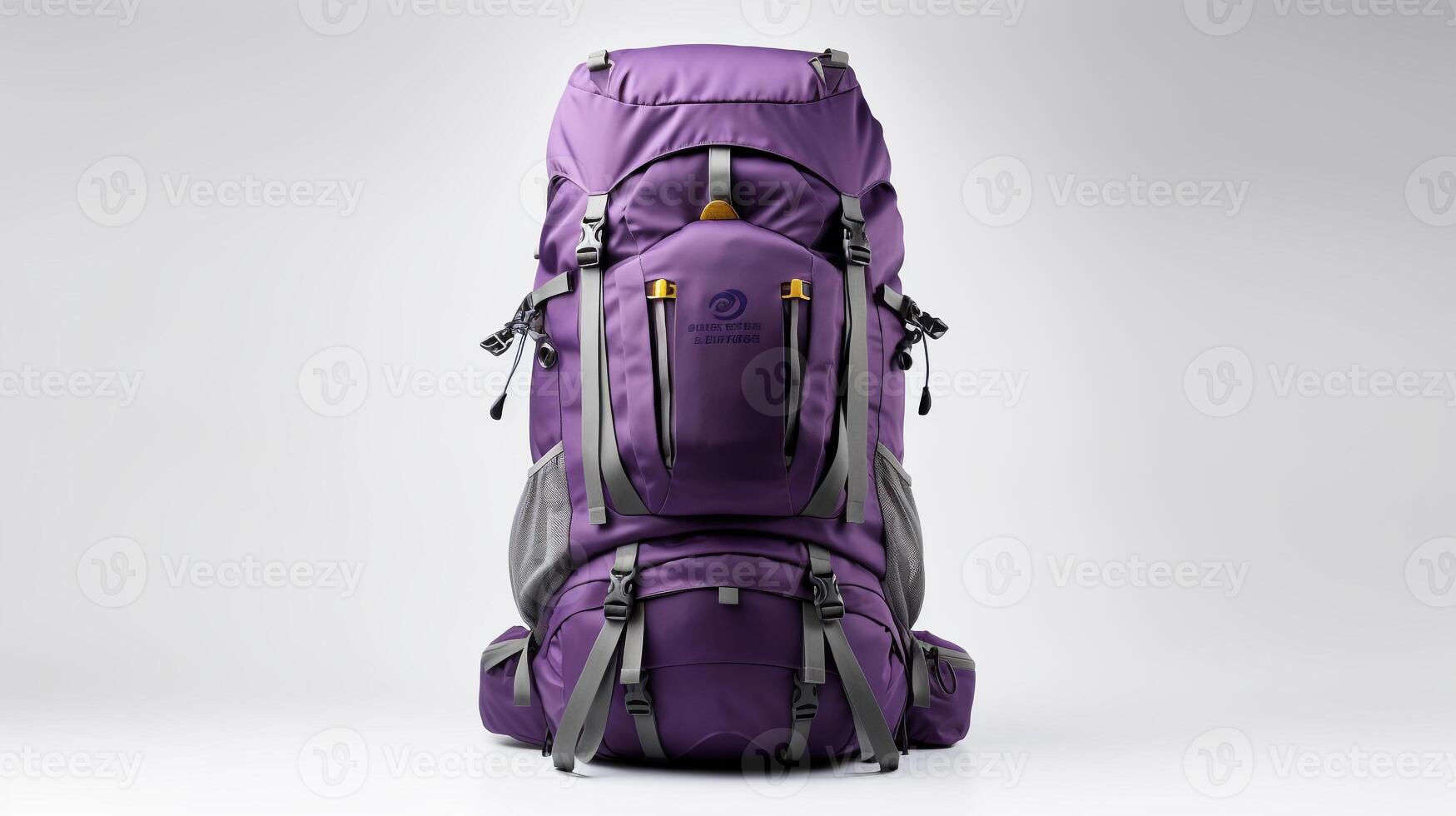 ai generiert lila Wandern Rucksack Tasche isoliert auf Weiß Hintergrund mit Kopieren Raum zum Werbung. ai generiert foto