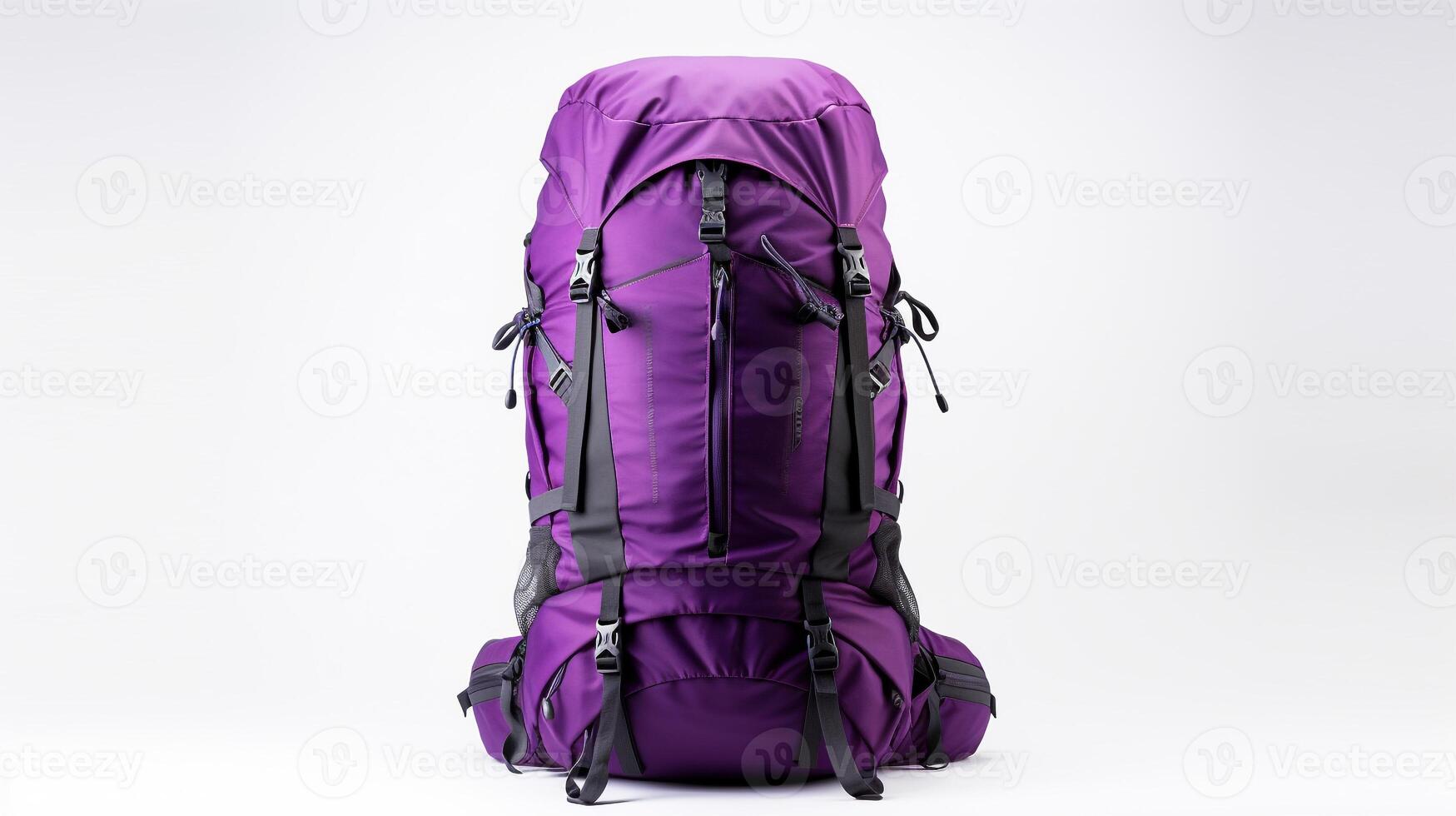 ai generiert lila Wandern Rucksack Tasche isoliert auf Weiß Hintergrund mit Kopieren Raum zum Werbung. ai generiert foto
