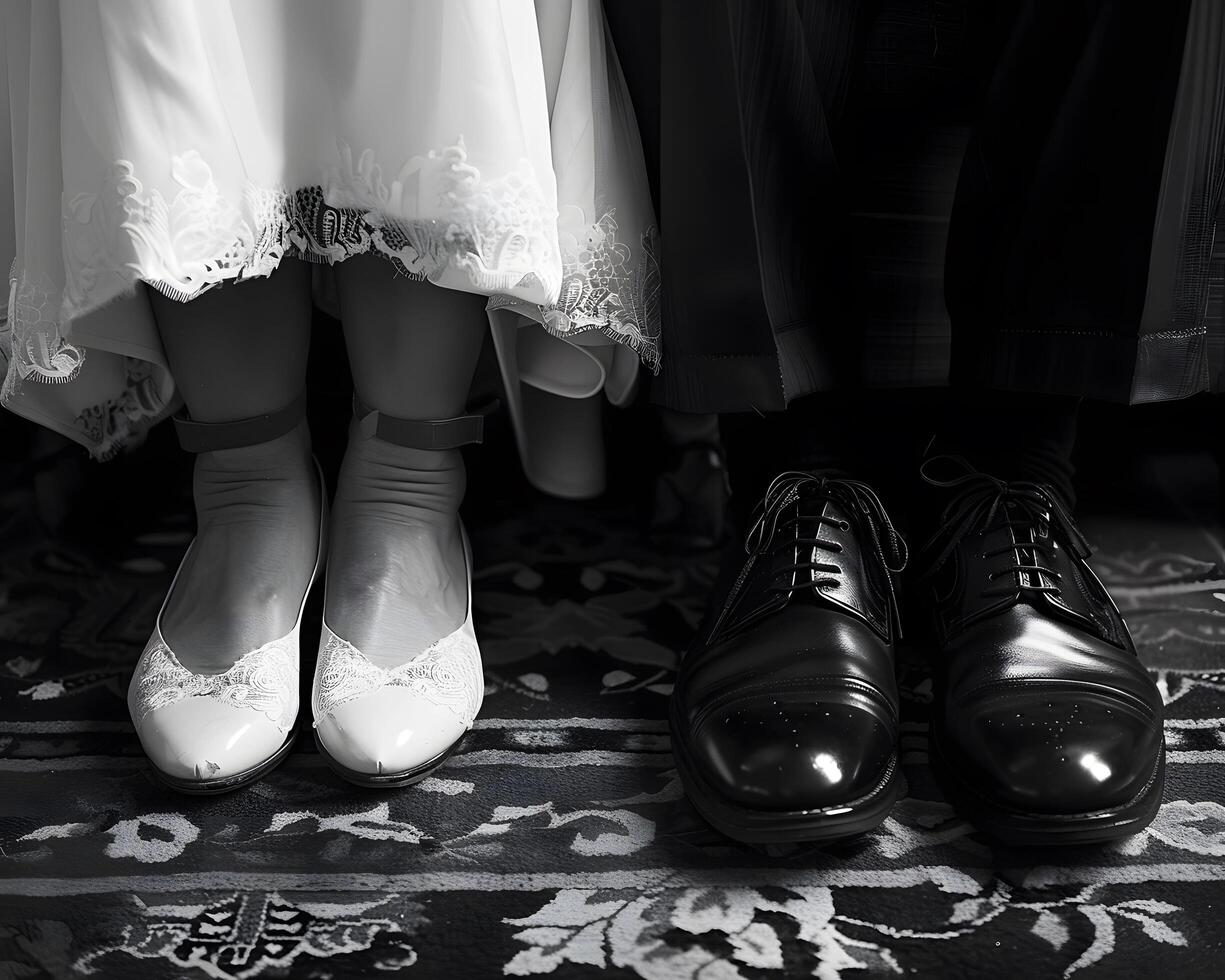 ai generiert Braut und Bräutigame Schuhe Seite durch Seite foto