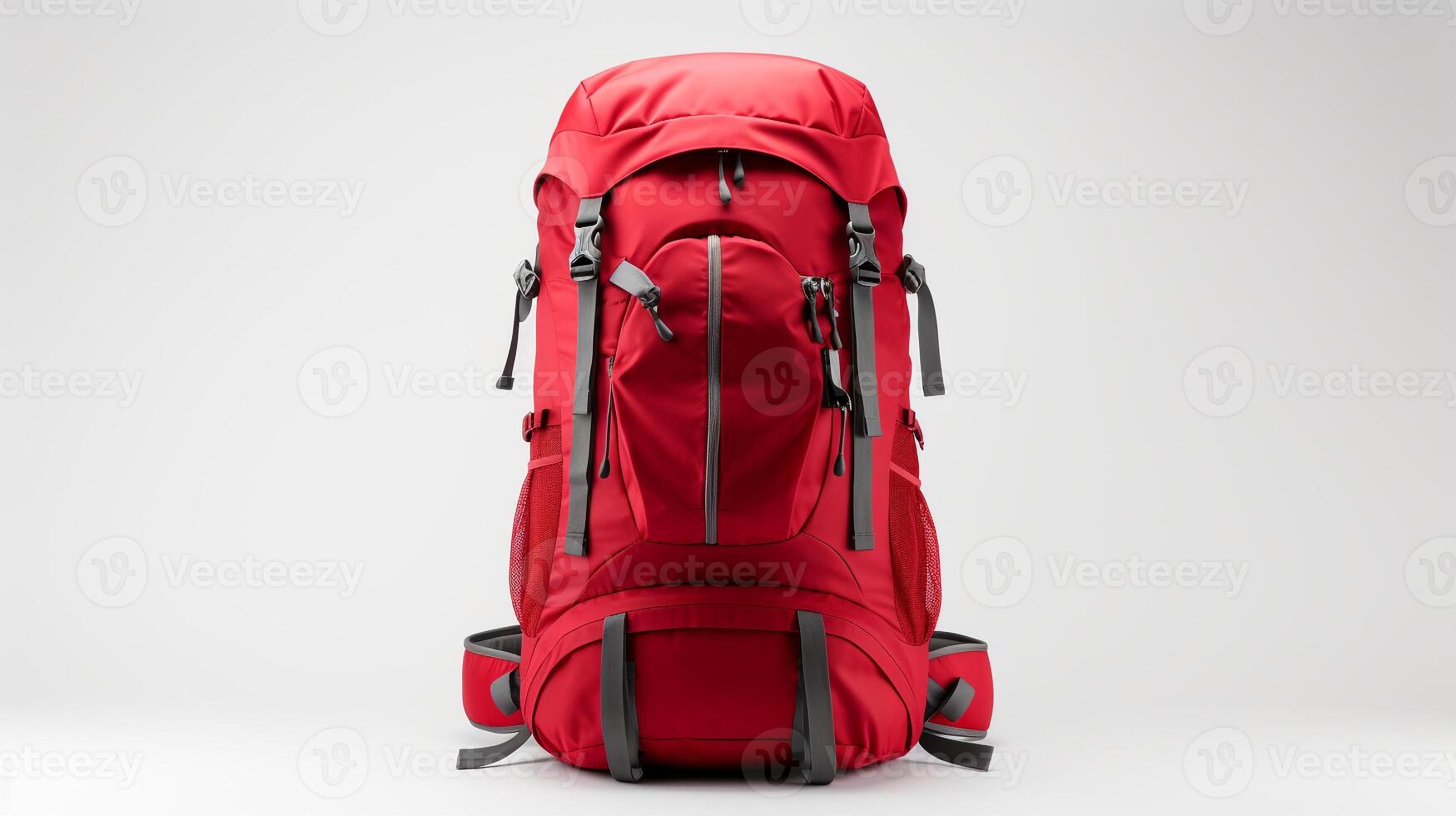 ai generiert rot Wandern Rucksack Tasche isoliert auf Weiß Hintergrund mit Kopieren Raum zum Werbung. ai generiert foto