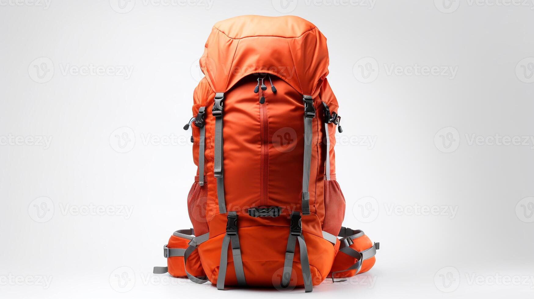 ai generiert Orange Wandern Rucksack Tasche isoliert auf Weiß Hintergrund mit Kopieren Raum zum Werbung. ai generiert foto