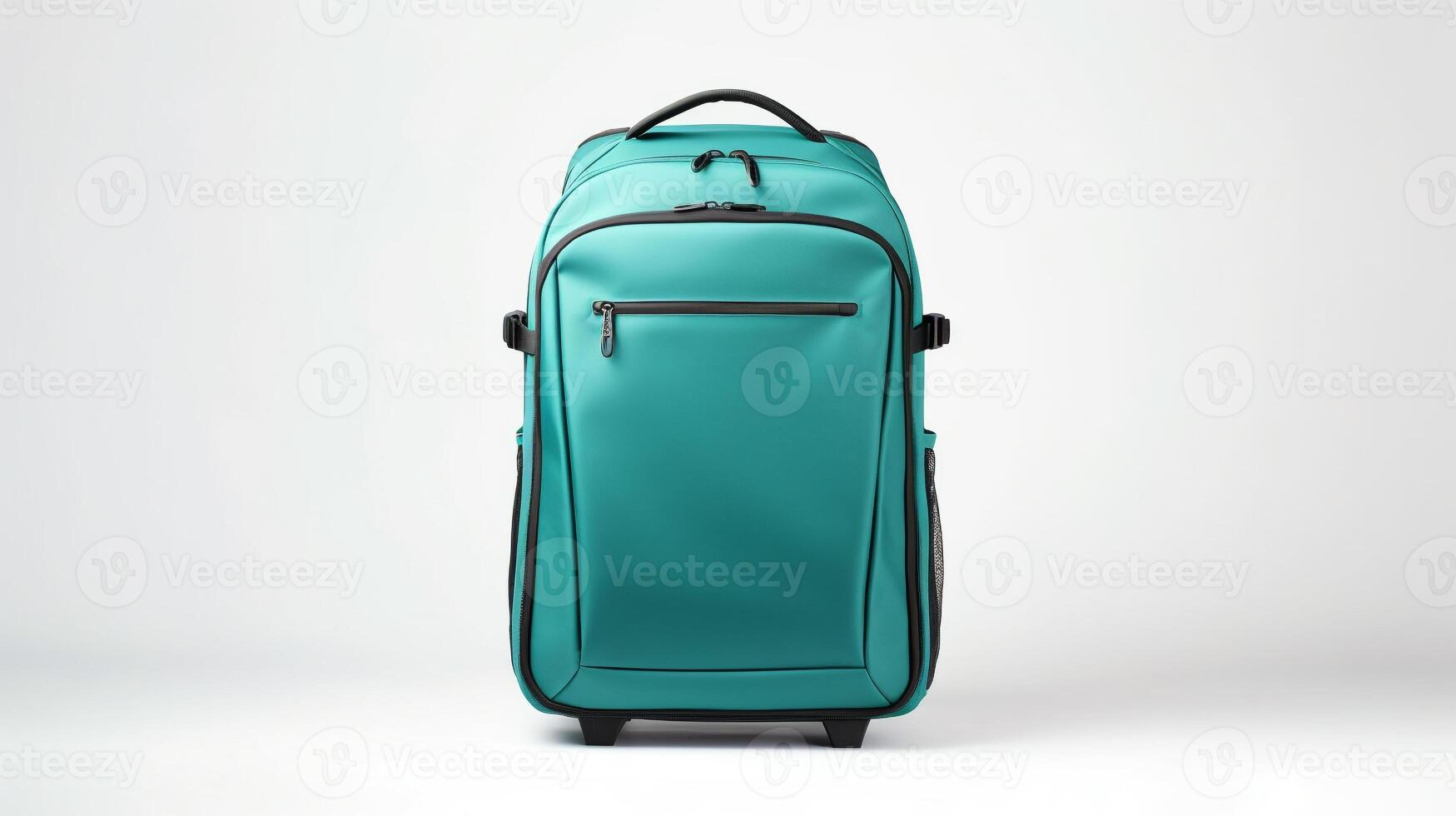 ai generiert blaugrün rollen Rucksack Tasche isoliert auf Weiß Hintergrund mit Kopieren Raum zum Werbung. ai generiert foto