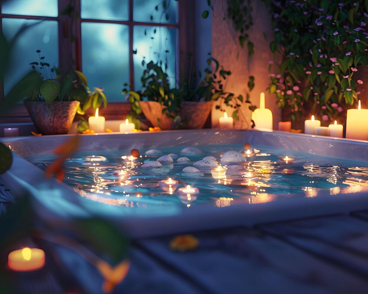 ai generiert Kerzenlicht Bad beruhigend und schläfrig foto