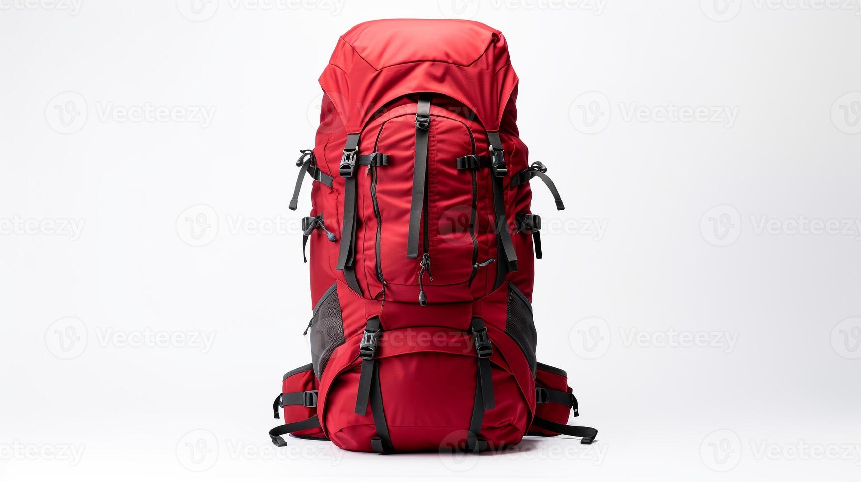 ai generiert rot Wandern Rucksack Tasche isoliert auf Weiß Hintergrund mit Kopieren Raum zum Werbung. ai generiert foto