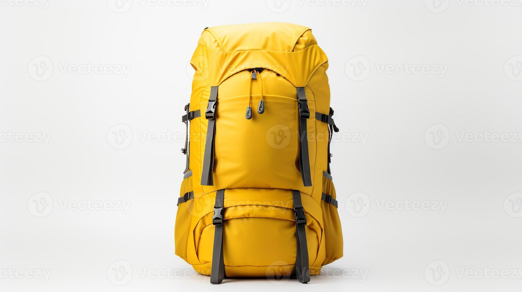 ai generiert Gelb Wandern Rucksack Tasche isoliert auf Weiß Hintergrund mit Kopieren Raum zum Werbung. ai generiert foto