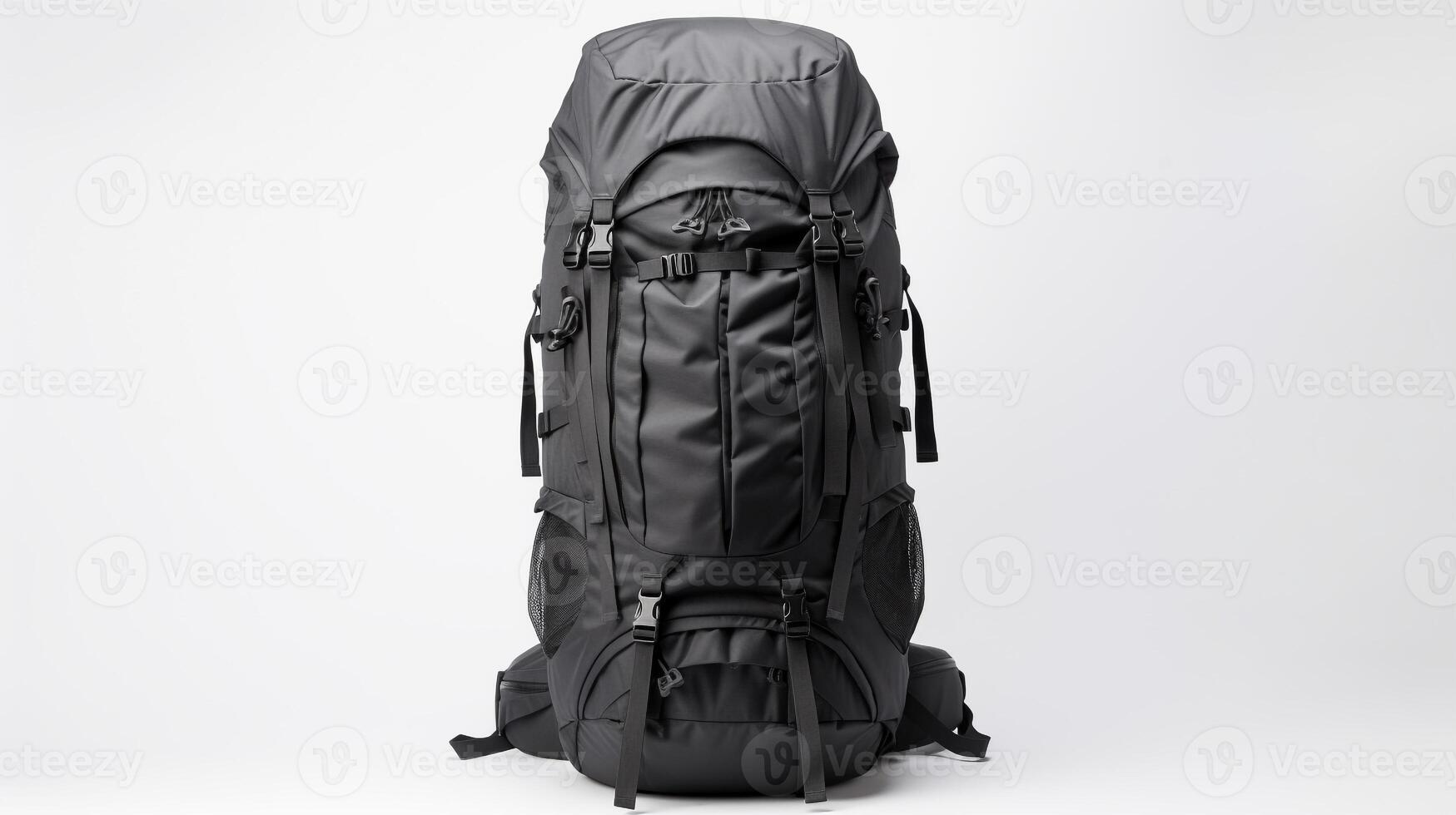 ai generiert schwarz Wandern Rucksack Tasche isoliert auf Weiß Hintergrund mit Kopieren Raum zum Werbung. ai generiert foto