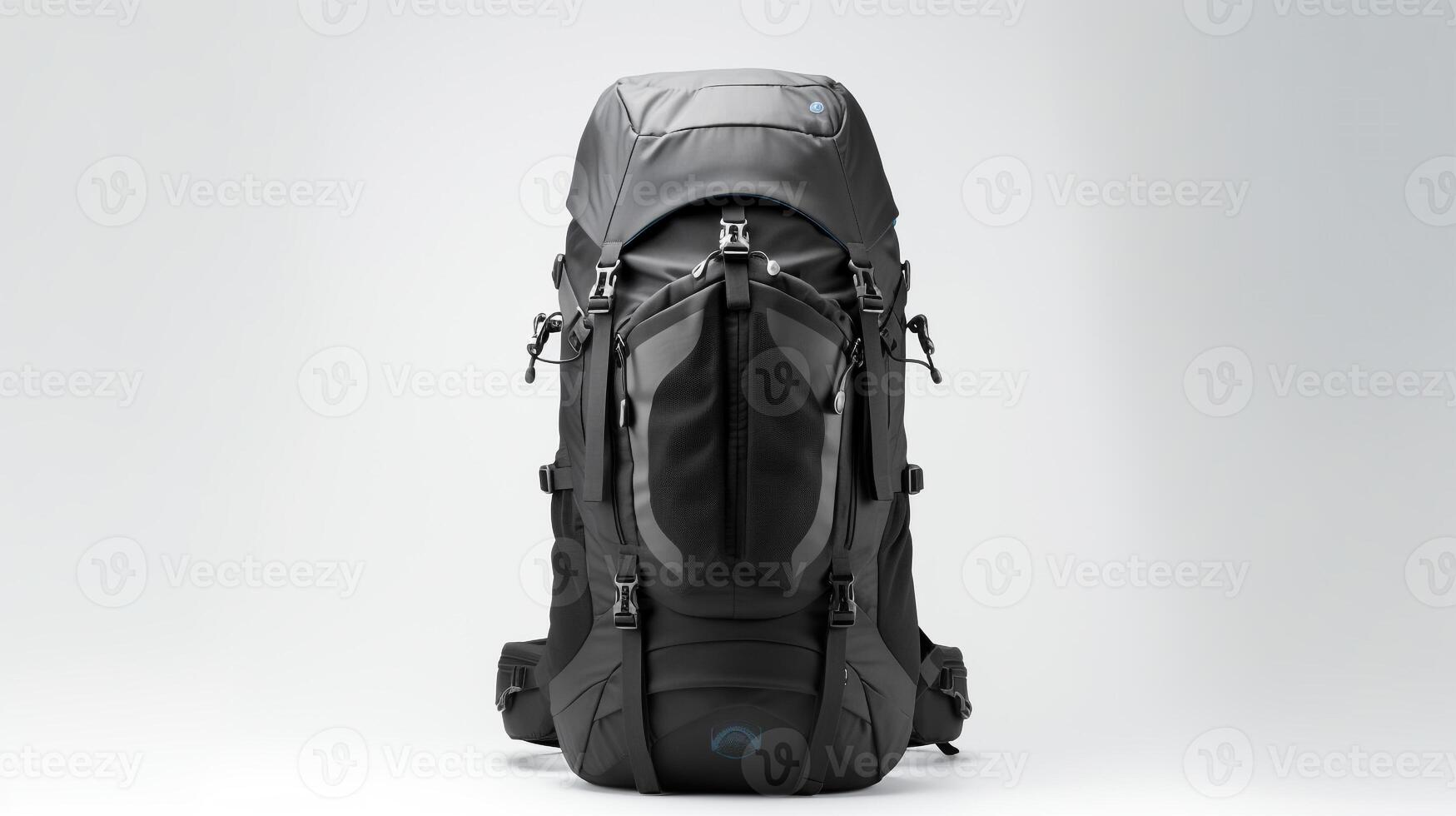 ai generiert schwarz Wandern Rucksack Tasche isoliert auf Weiß Hintergrund mit Kopieren Raum zum Werbung. ai generiert foto