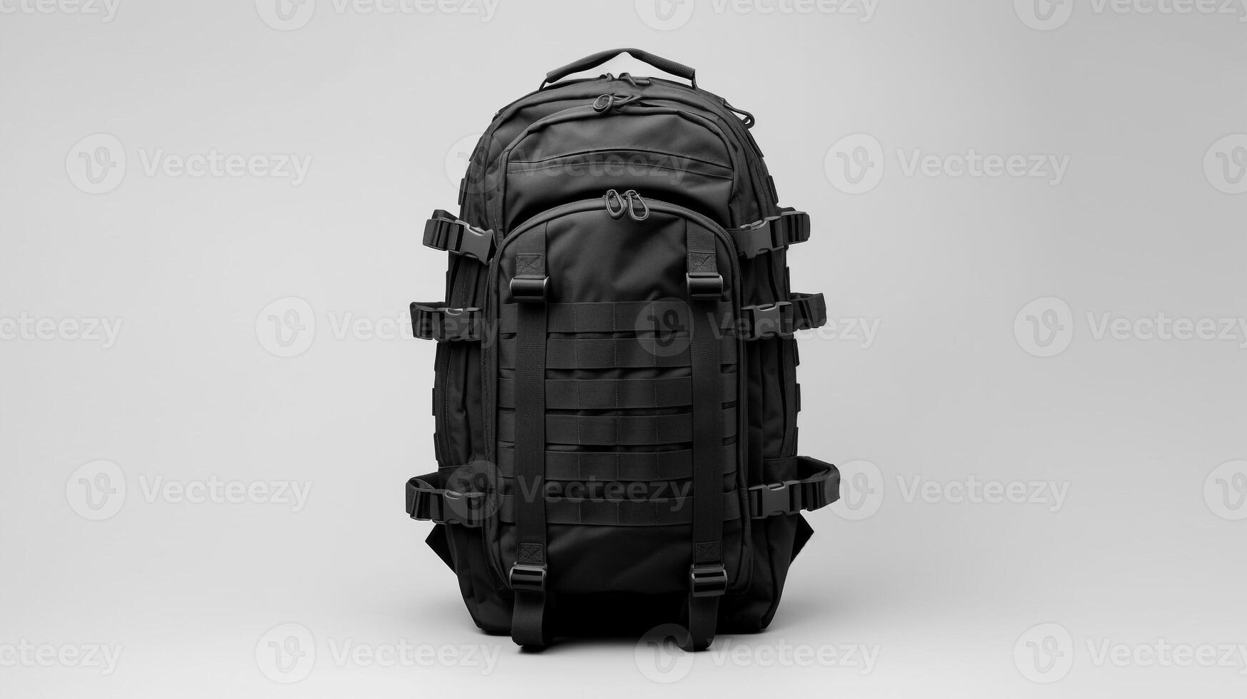 ai generiert schwarz taktisch Rucksack Tasche isoliert auf Weiß Hintergrund mit Kopieren Raum zum Werbung. ai generiert foto