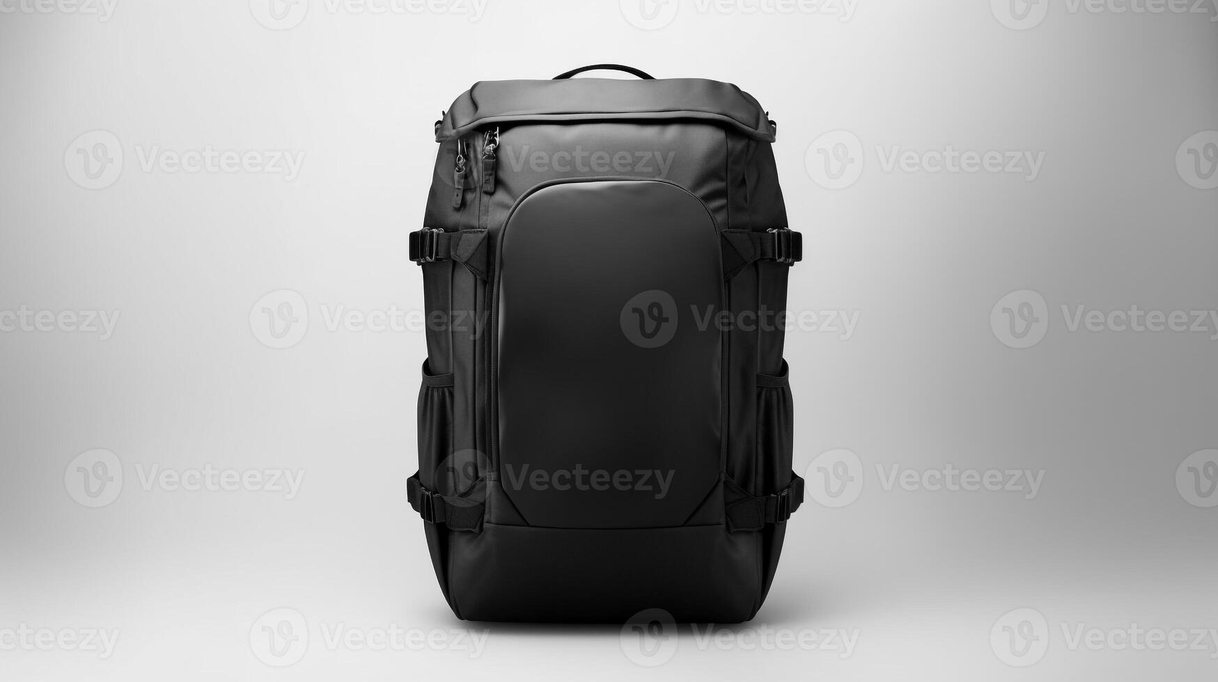 ai generiert schwarz Reise Rucksack Tasche isoliert auf Weiß Hintergrund mit Kopieren Raum zum Werbung. ai generiert foto
