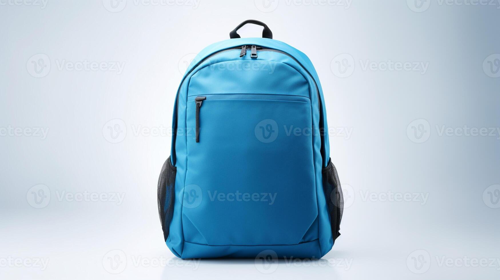 ai generiert Blau Tagesrucksack Tasche isoliert auf Weiß Hintergrund mit Kopieren Raum zum Werbung. ai generiert foto