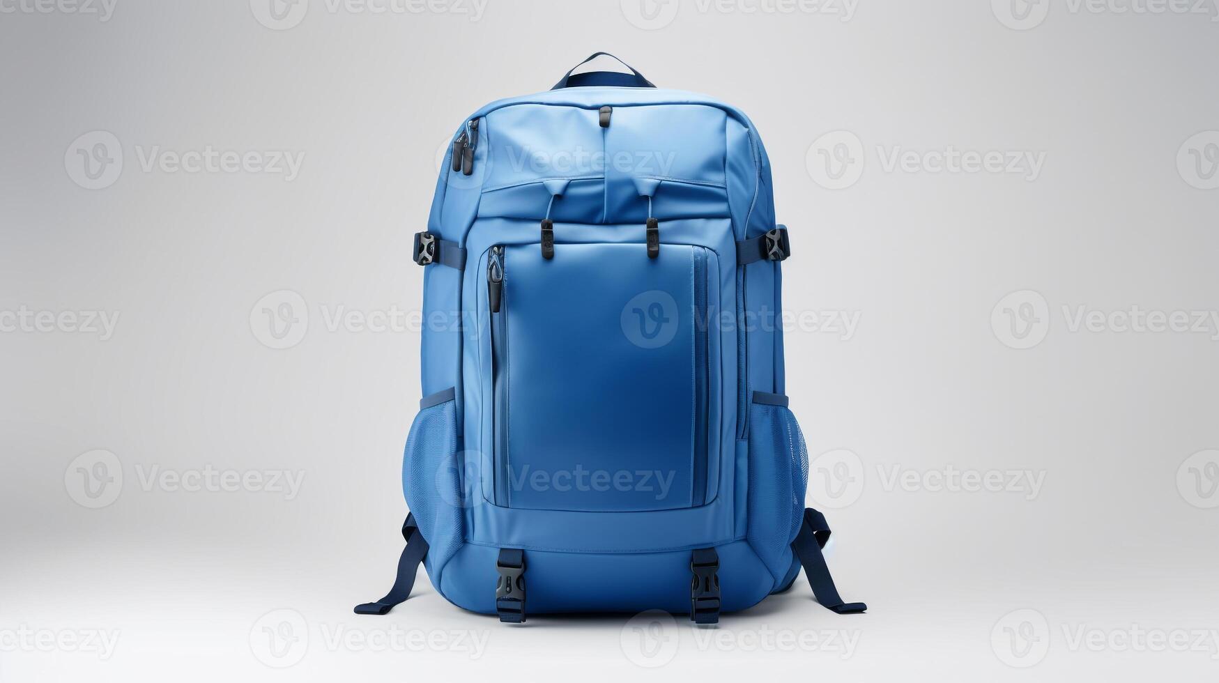 ai generiert Blau Kamera Rucksack Tasche isoliert auf Weiß Hintergrund mit Kopieren Raum zum Werbung. ai generiert foto
