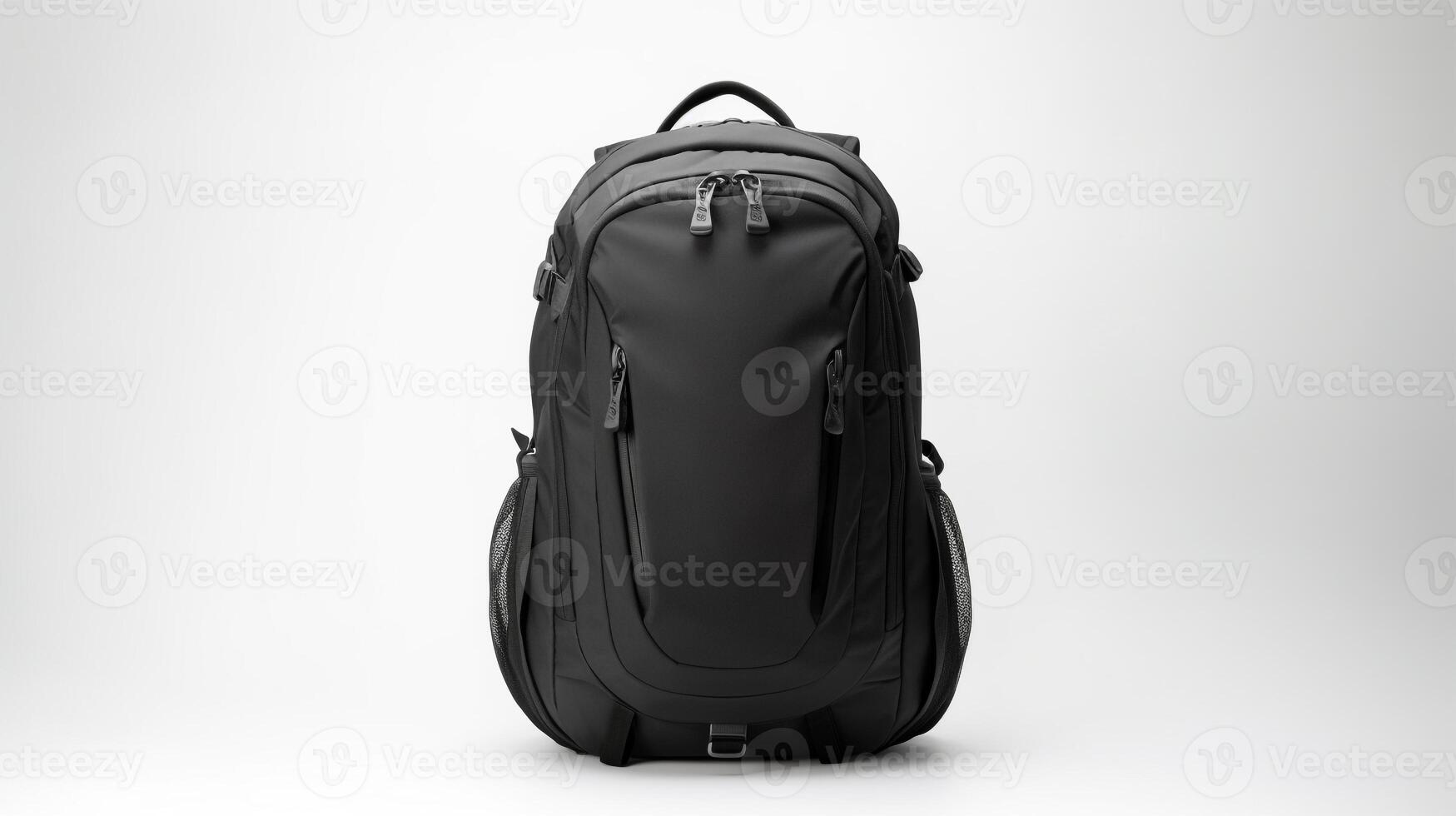 ai generiert schwarz Reise Rucksack Tasche isoliert auf Weiß Hintergrund mit Kopieren Raum zum Werbung. ai generiert foto