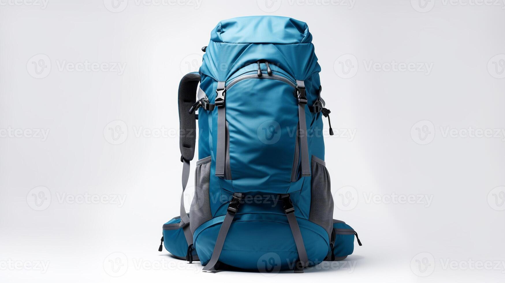 ai generiert Blau Wandern Rucksack Tasche isoliert auf Weiß Hintergrund mit Kopieren Raum zum Werbung. ai generiert foto