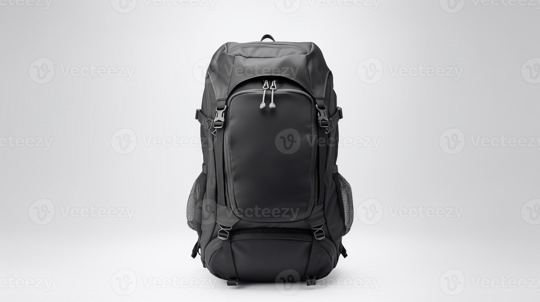 ai generiert schwarz Reise Rucksack Tasche isoliert auf Weiß Hintergrund mit Kopieren Raum zum Werbung. ai generiert foto