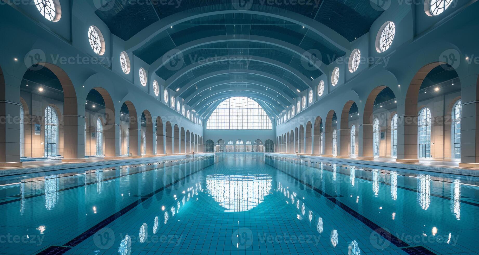 ai generiert Innen- Schwimmen Schwimmbad mit Glas Dach foto