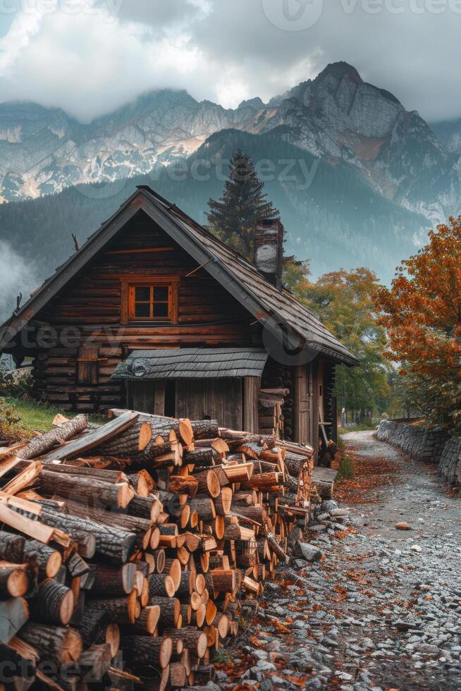 ai generiert Log Kabine und Brennholz im das Berge foto