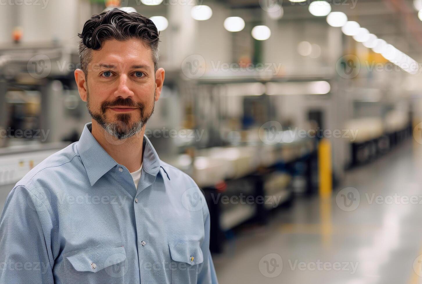 ai generiert Mann steht im Fabrik tragen Blau Hemd und Bart. foto