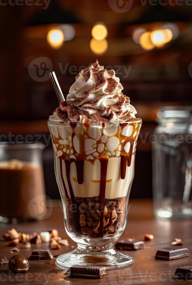 ai generiert köstlich Dessert mit ausgepeitscht Sahne Schokolade Soße Schokolade Chips und Kaffee Bohnen auf hölzern Tabelle foto