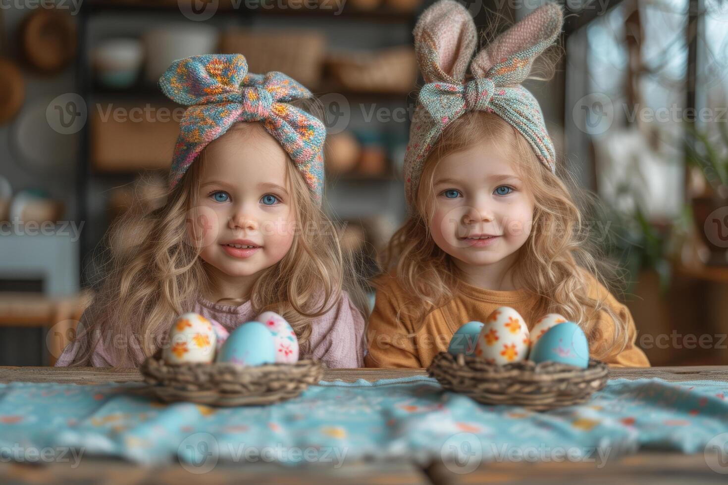 ai generiert zwei süß wenig Schwestern sind tragen Hase Ohren und Sitzung beim das Tabelle mit Ostern Eier. foto