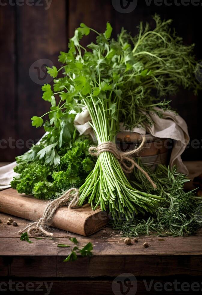 ai generiert frisch Kräuter von das Garten. Petersilie Koriander und Dill auf hölzern Tabelle foto