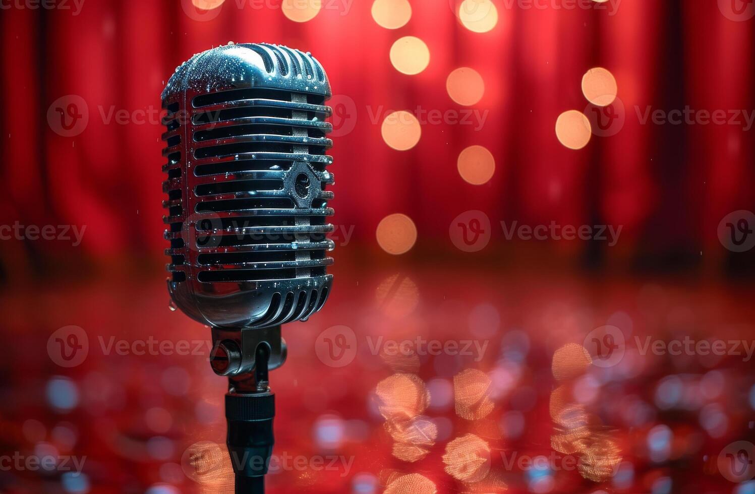 ai generiert Jahrgang Mikrofon auf Bühne im das Scheinwerfer Performance von das Musical Gruppe. foto