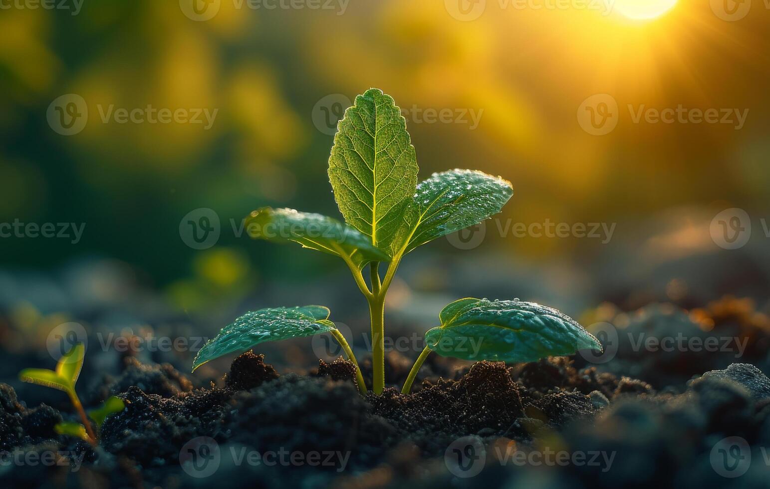 ai generiert jung Pflanze wachsend im das Morgen Licht und Tau auf das Blätter foto