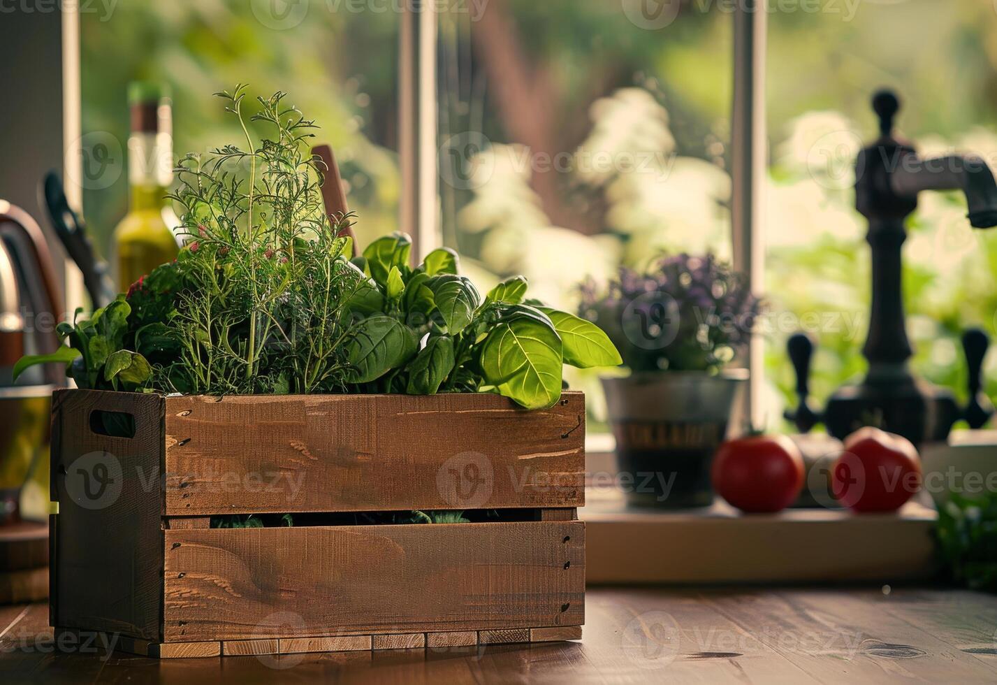 ai generiert frisch Kräuter im hölzern Kiste. ein hölzern Box mit Pflanzen und Gemüse Innerhalb foto