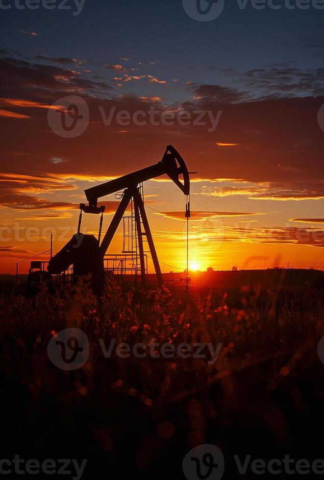 ai generiert Pumpenheber ist silhouettiert durch das Rahmen Sonne im Feld von Wildblumen. foto