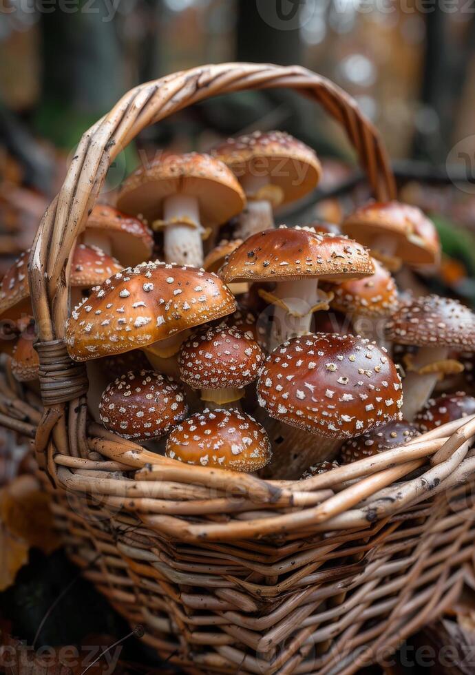 ai generiert Korb voll von Pilze im das Herbst Wald foto