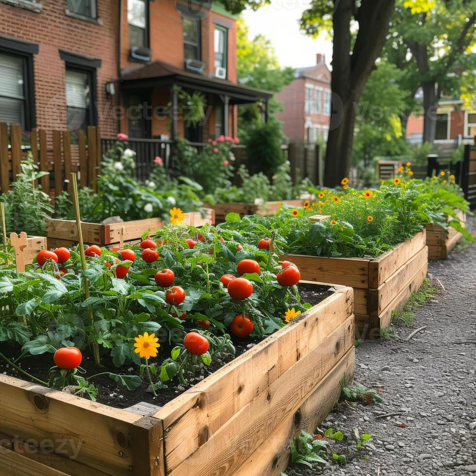 ai generiert Reihe von angehoben Garten Betten mit Tomaten und Blumen foto